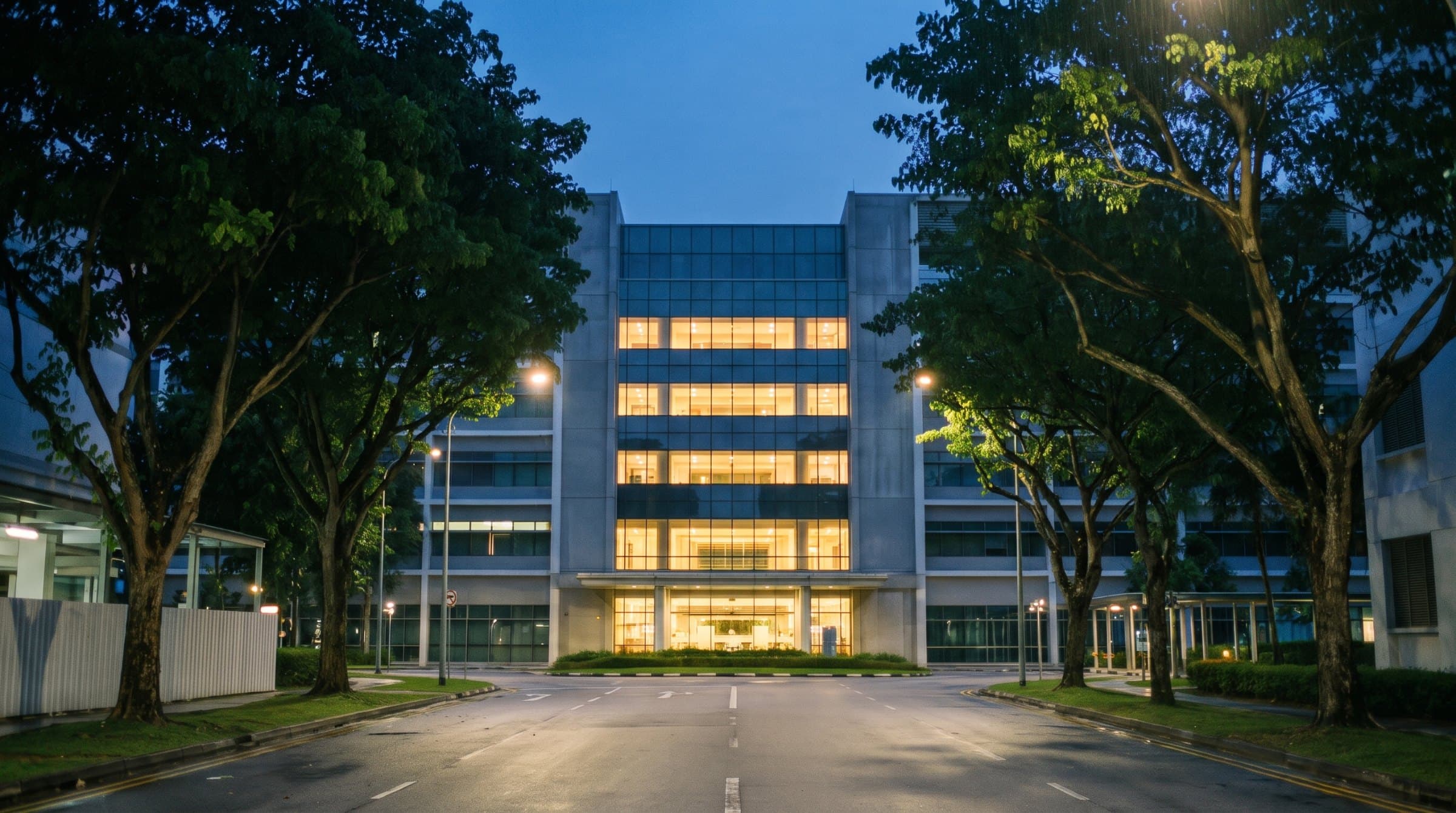 A hospital building at dusk with lit windows, seen down a tree-lined road