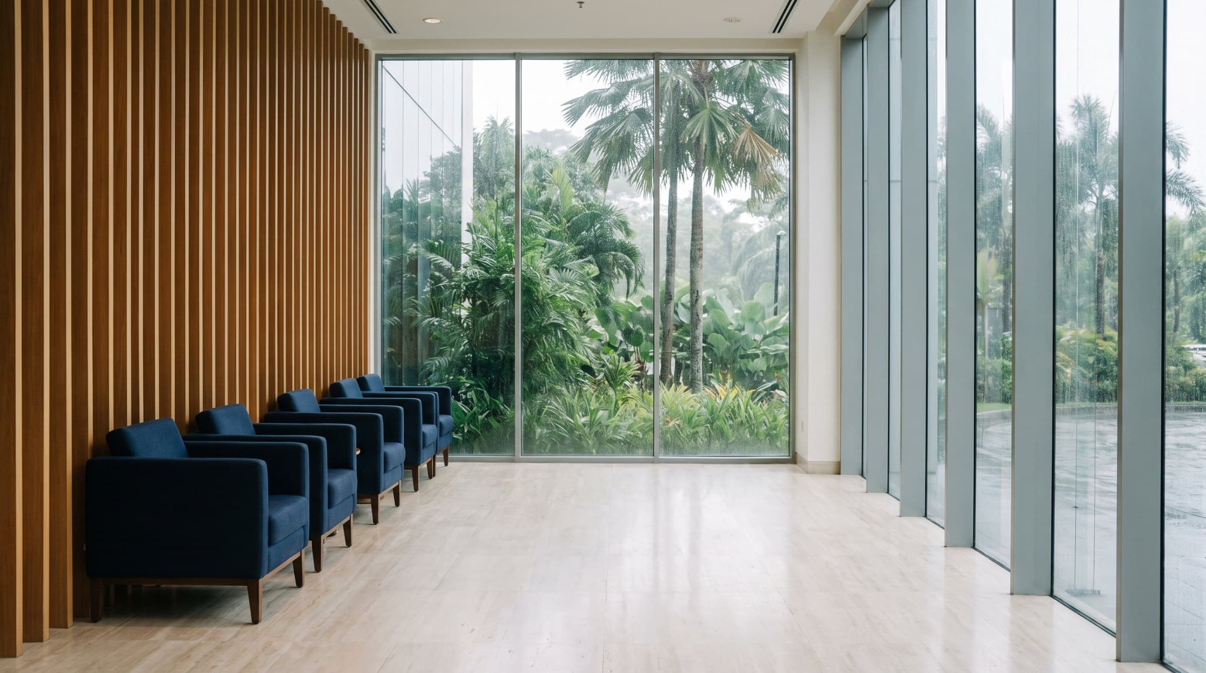 An empty hospital lobby with navy armchairs and a tropical garden beyond the glass